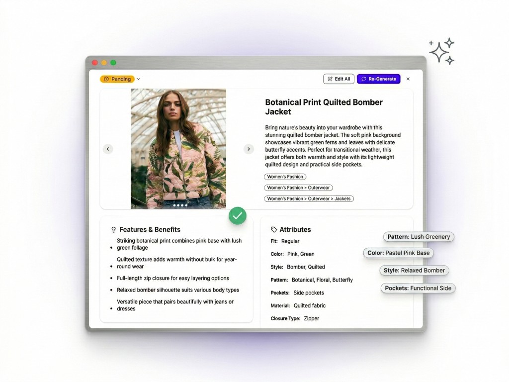 merchi.ai platform showing AI-generated product data including titles, descriptions, attributes, and features for a botanical print quilted bomber jacket